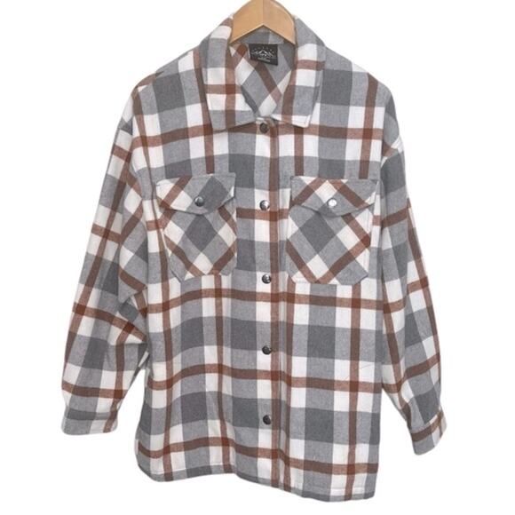 HFX Gray & Brown Plaid Shacket  Relaxed Fit Front Snap Closure Women's Size Med - Picture 3 of 13
